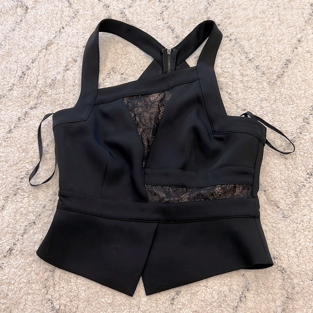 BCBG Maxazria asymmetric lace mesh top